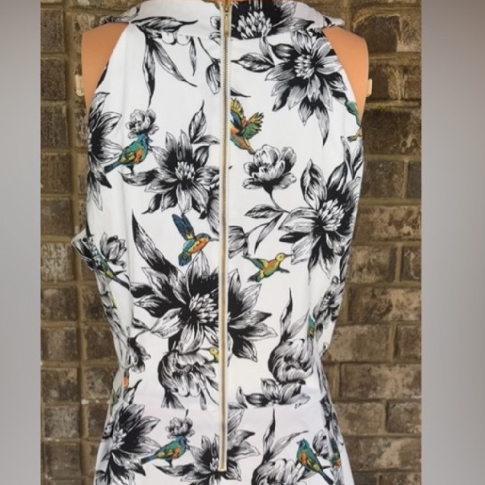 Black White Floral Hummingbird Dress High Neck Fit Flare Sleeveless 16 - Picture 6 of 10